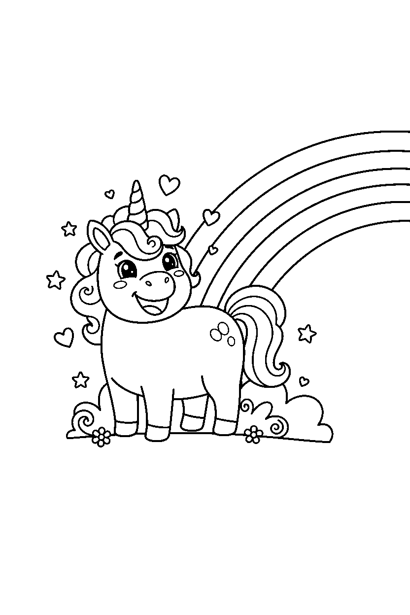cute unicorn smiling happily near a rainbow line art