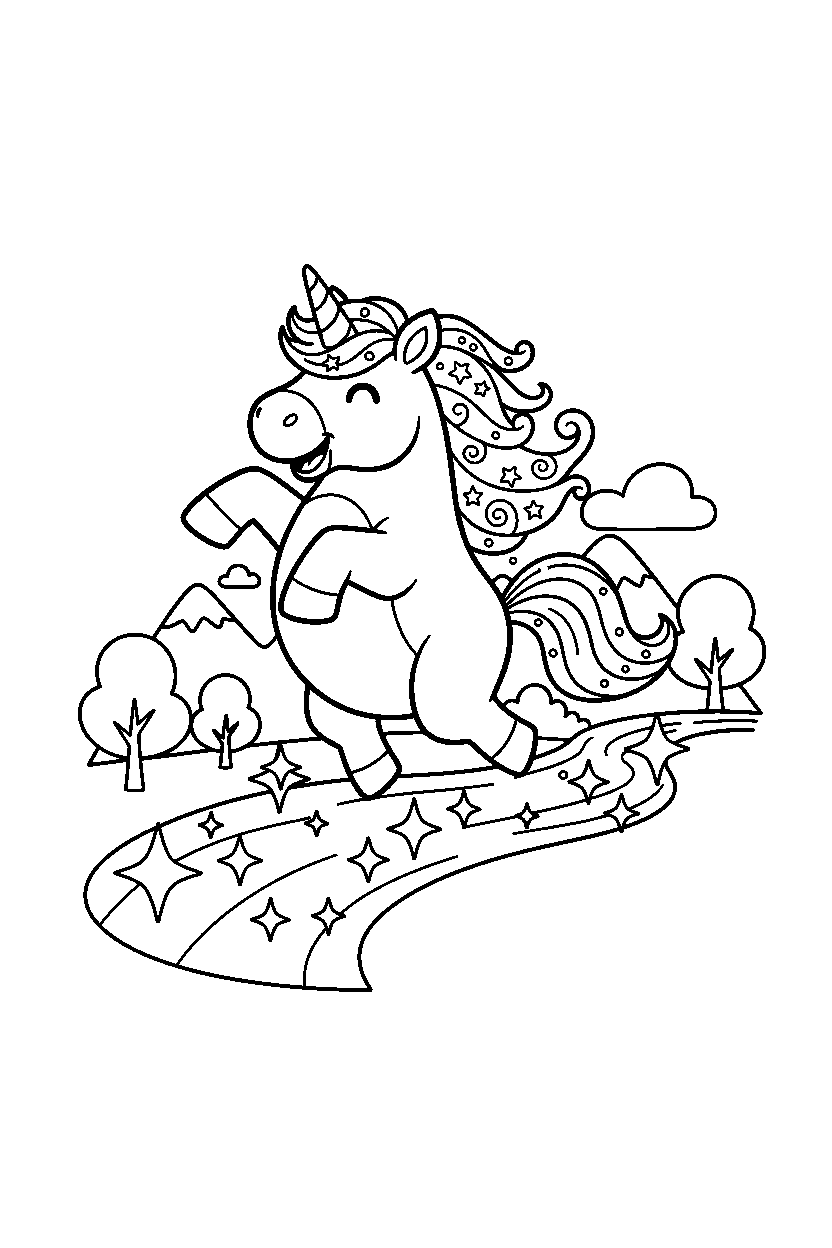 cute unicorn spinning happily near a sparkling river line art
