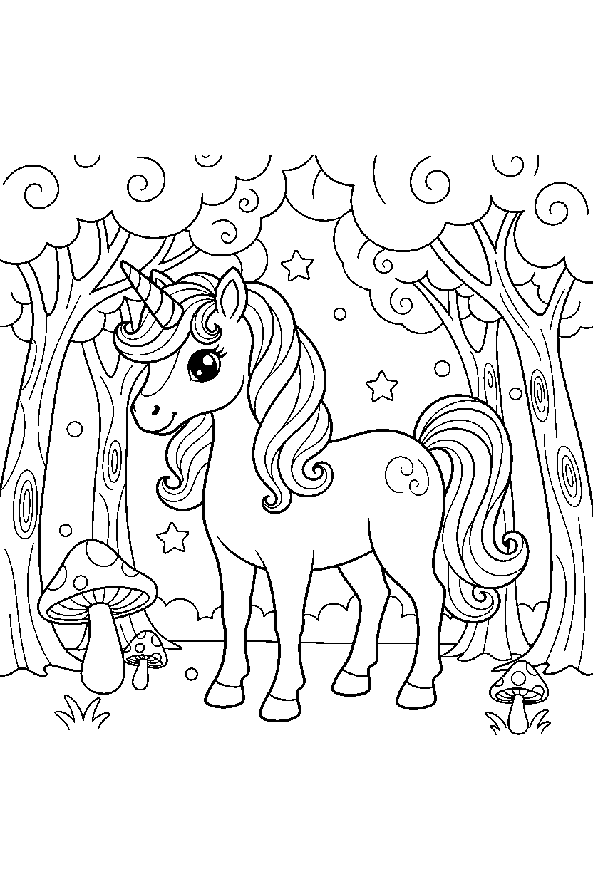 cute unicorn standing peacefully in a magical forest line art