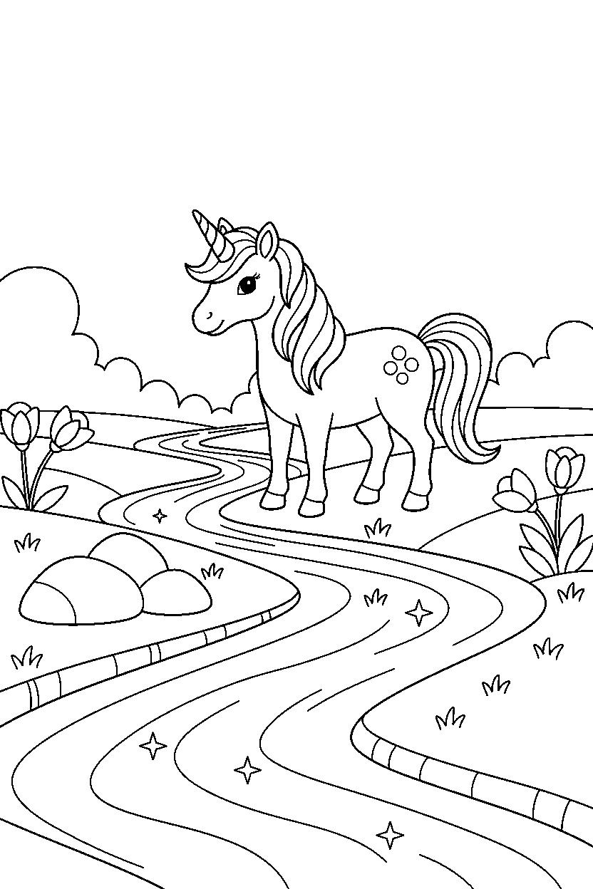cute unicorn standing peacefully near a sparkling river line art