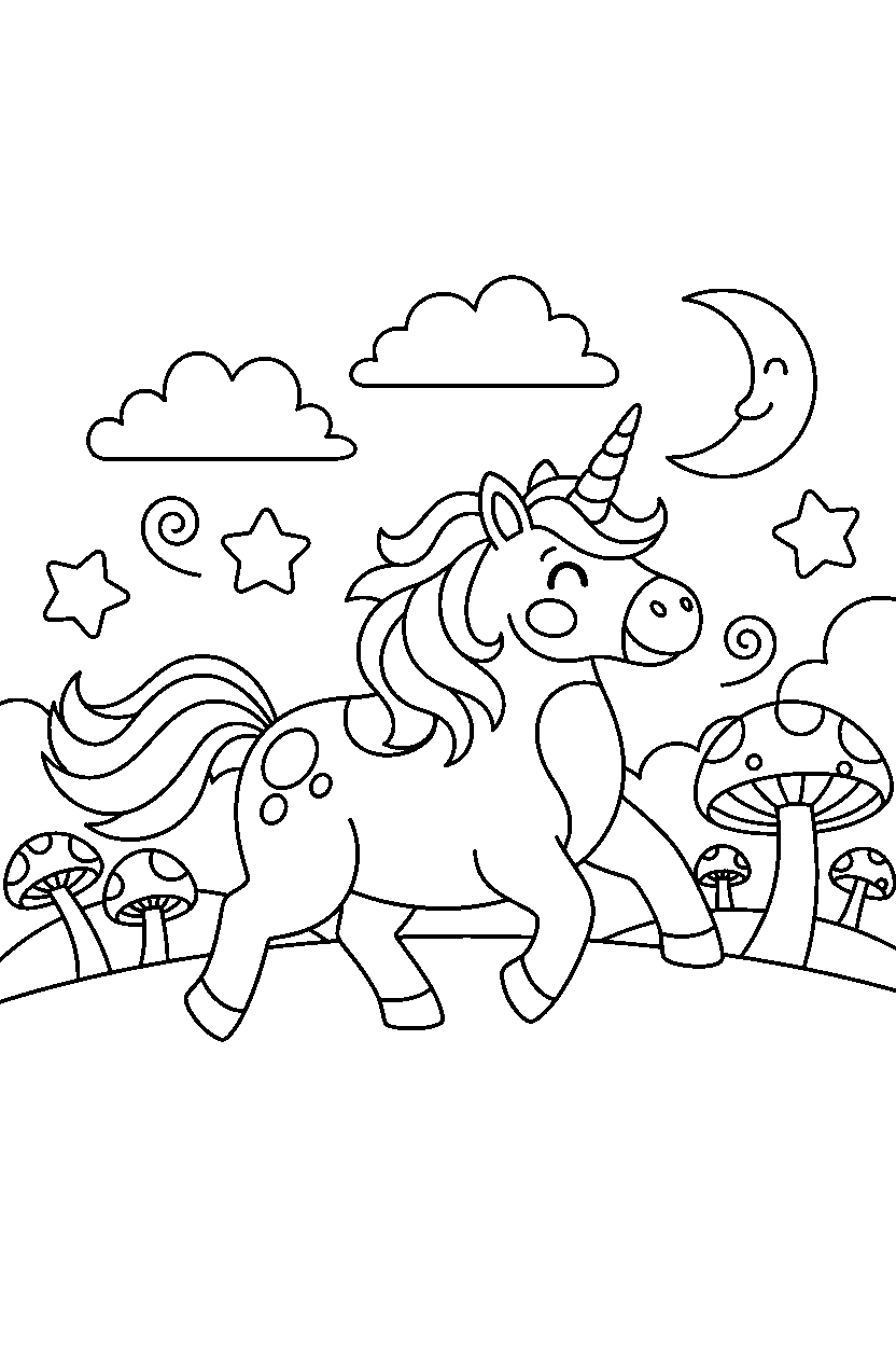 cute unicorn trotting happily in a dreamy landscape line art