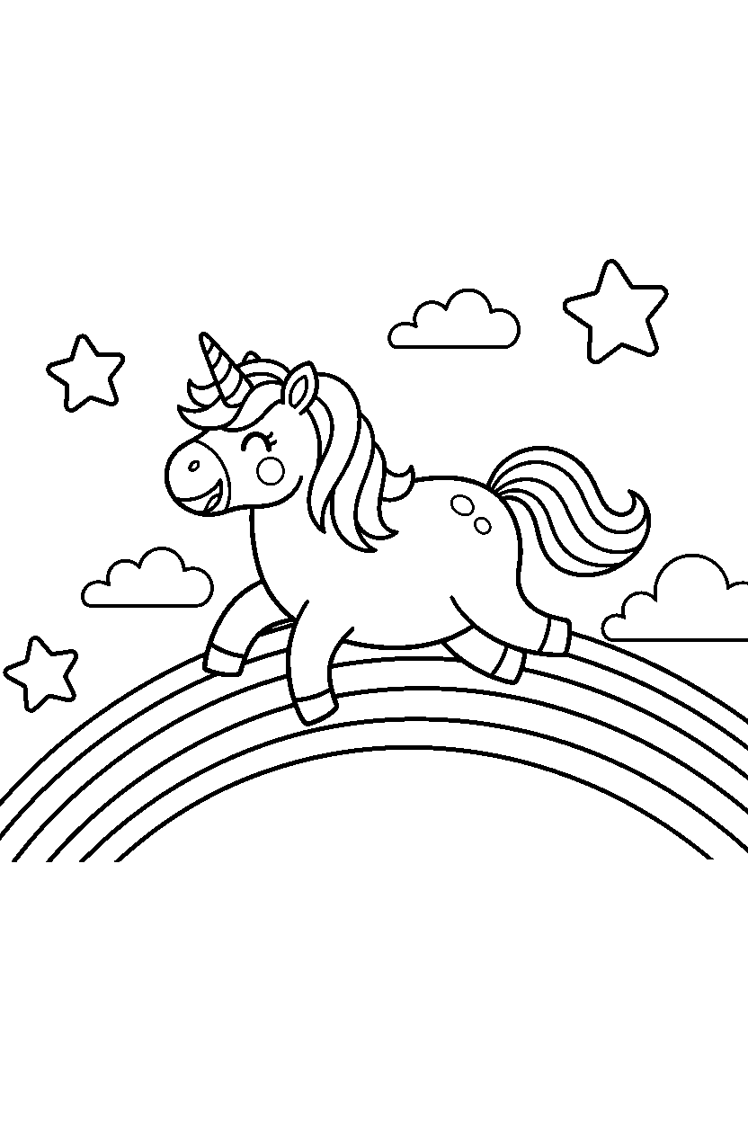 cute unicorn trotting happily on a rainbow hill line art