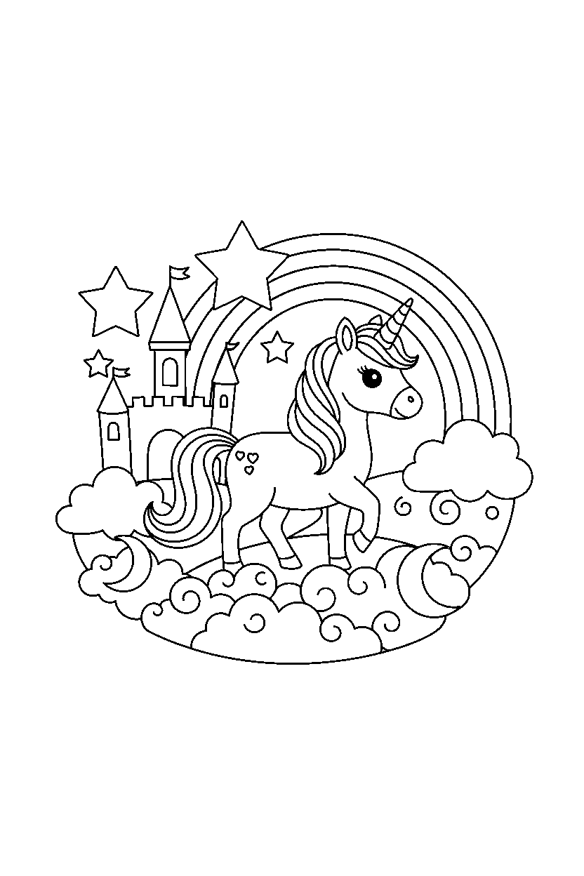 cute unicorn walking gently in a dream world line art