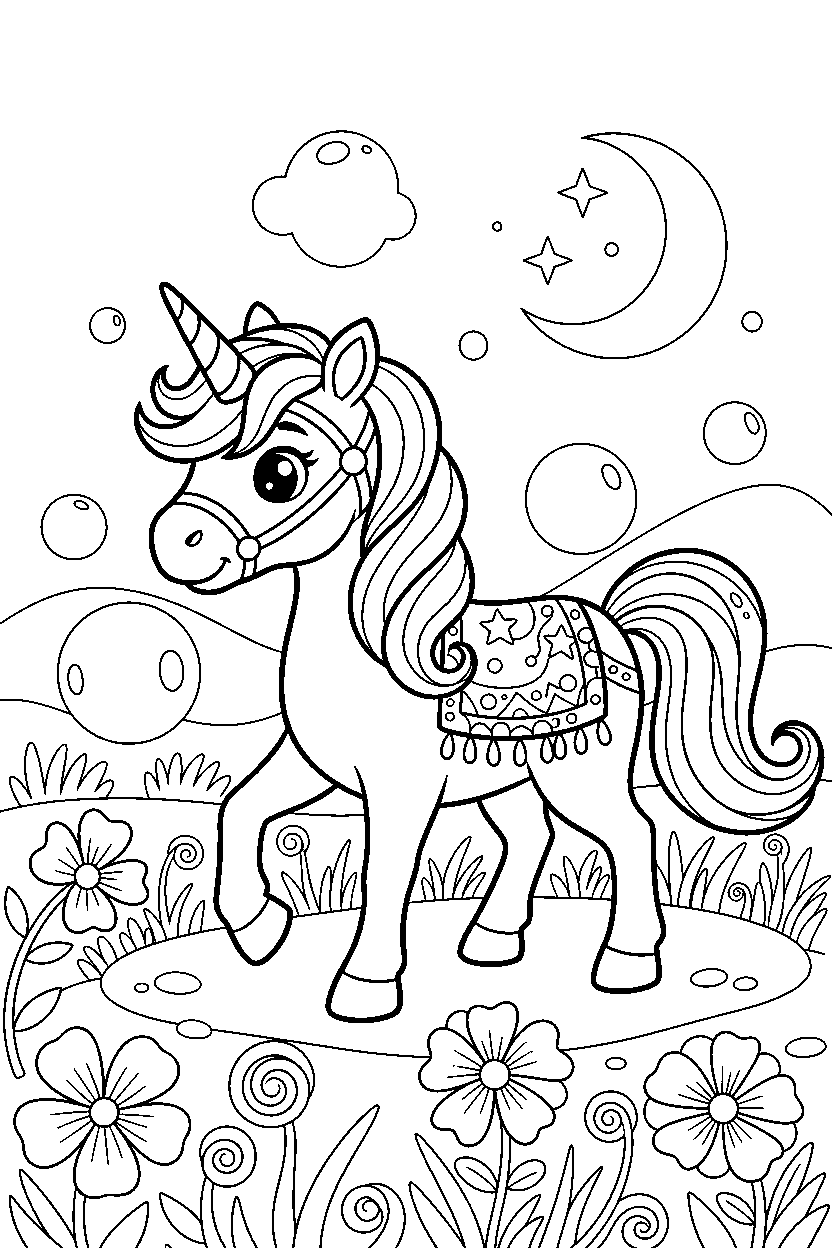 cute unicorn walking gently in a glowing meadow line art