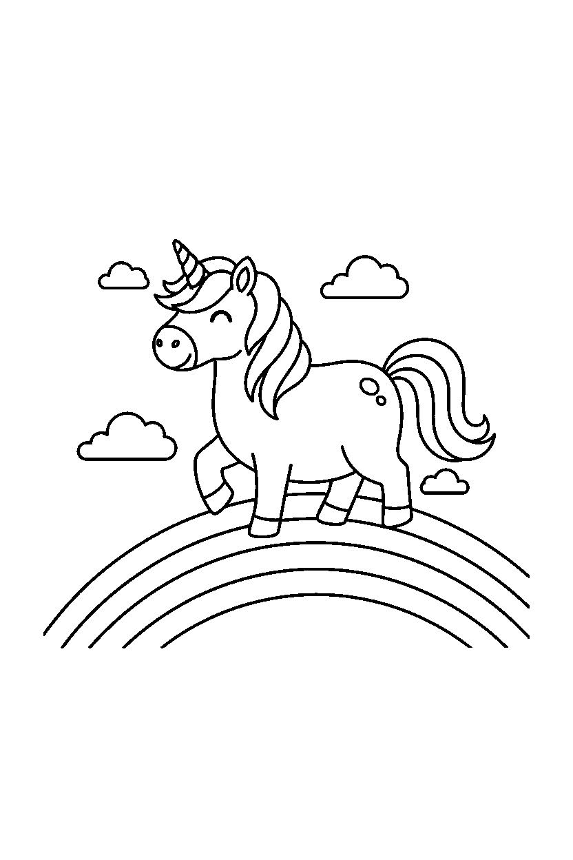 cute unicorn walking happily on a rainbow hill line art