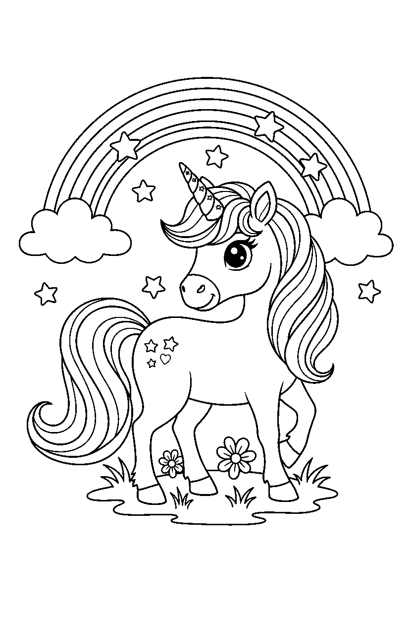 dream unicorn looking around under a rainbow sky line art