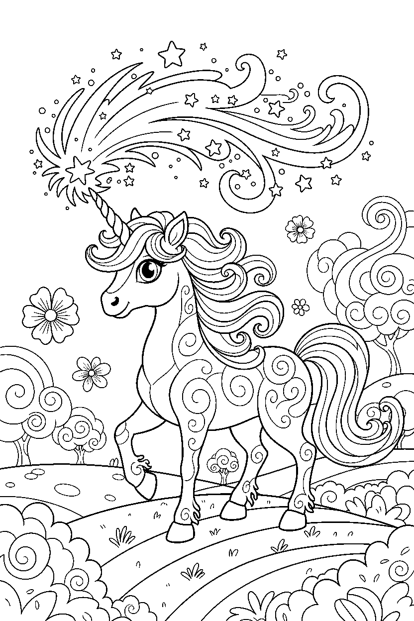 dream unicorn making a magic sparkle in a dreamy landscape line art