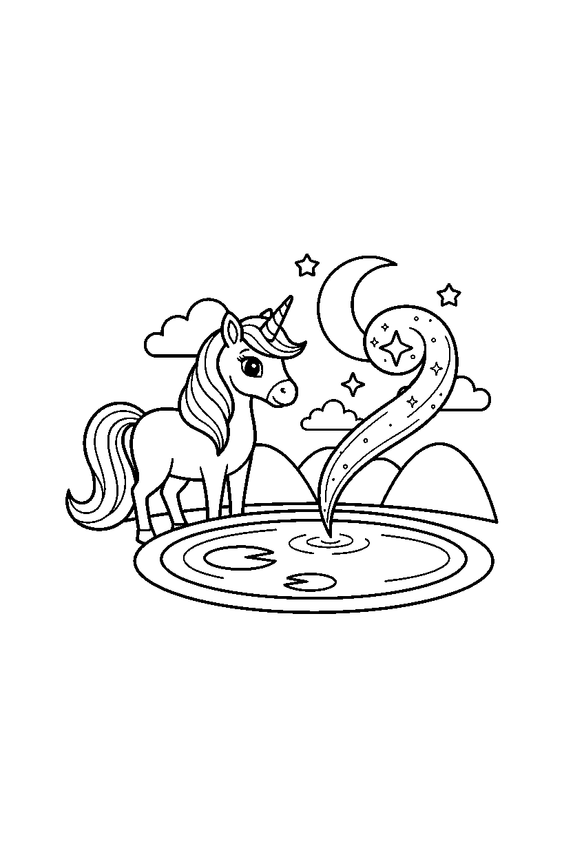 dream unicorn making a magic sparkle near a peaceful pond line art