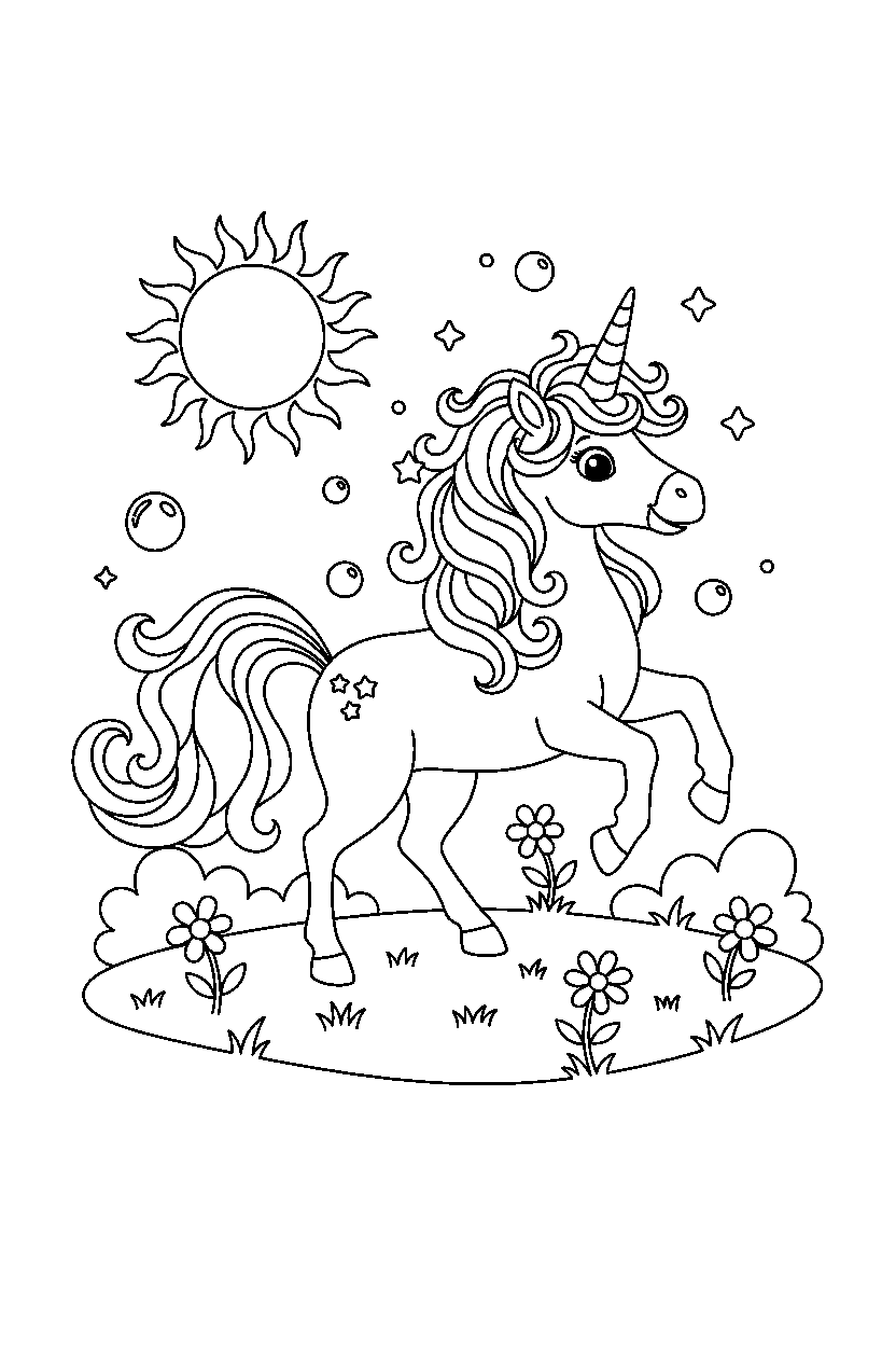 dream unicorn playing happily on a bright meadow line art