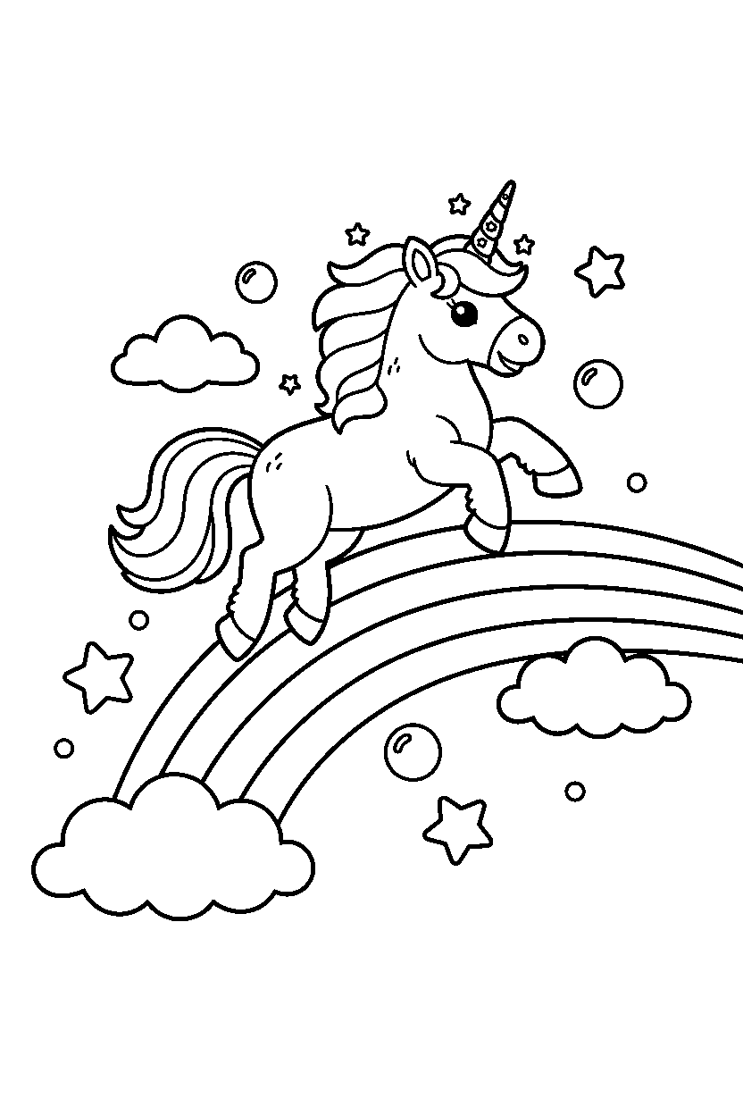 dream unicorn playing happily on a rainbow hill line art