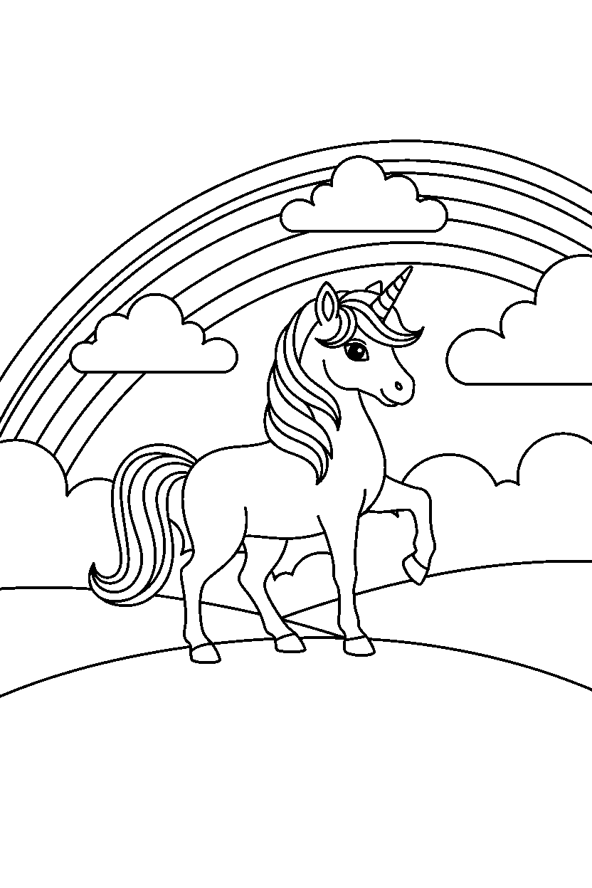 dream unicorn posing proudly under a rainbow sky line art