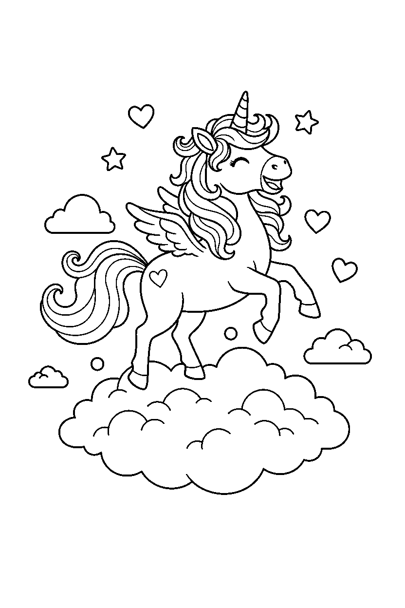 dream unicorn prancing happily on a cloud land line art