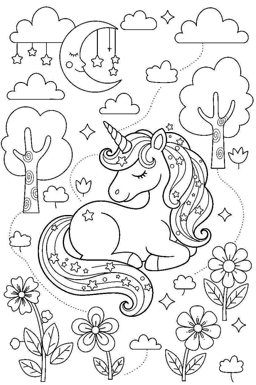 dream unicorn resting peacefully in a colorful world line art