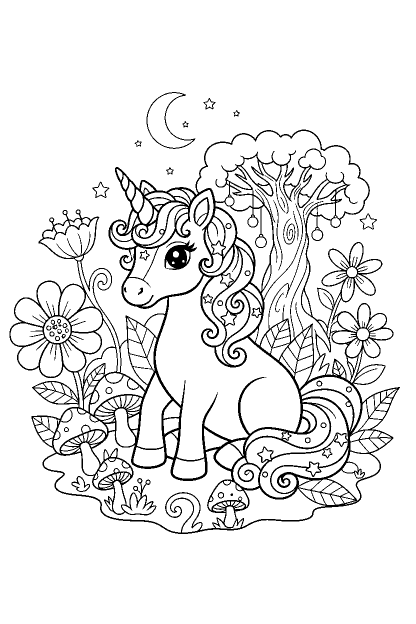 dream unicorn sitting peacefully in a fairy garden line art