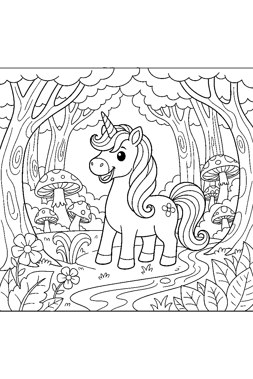 dream unicorn smiling happily in a hidden forest line art
