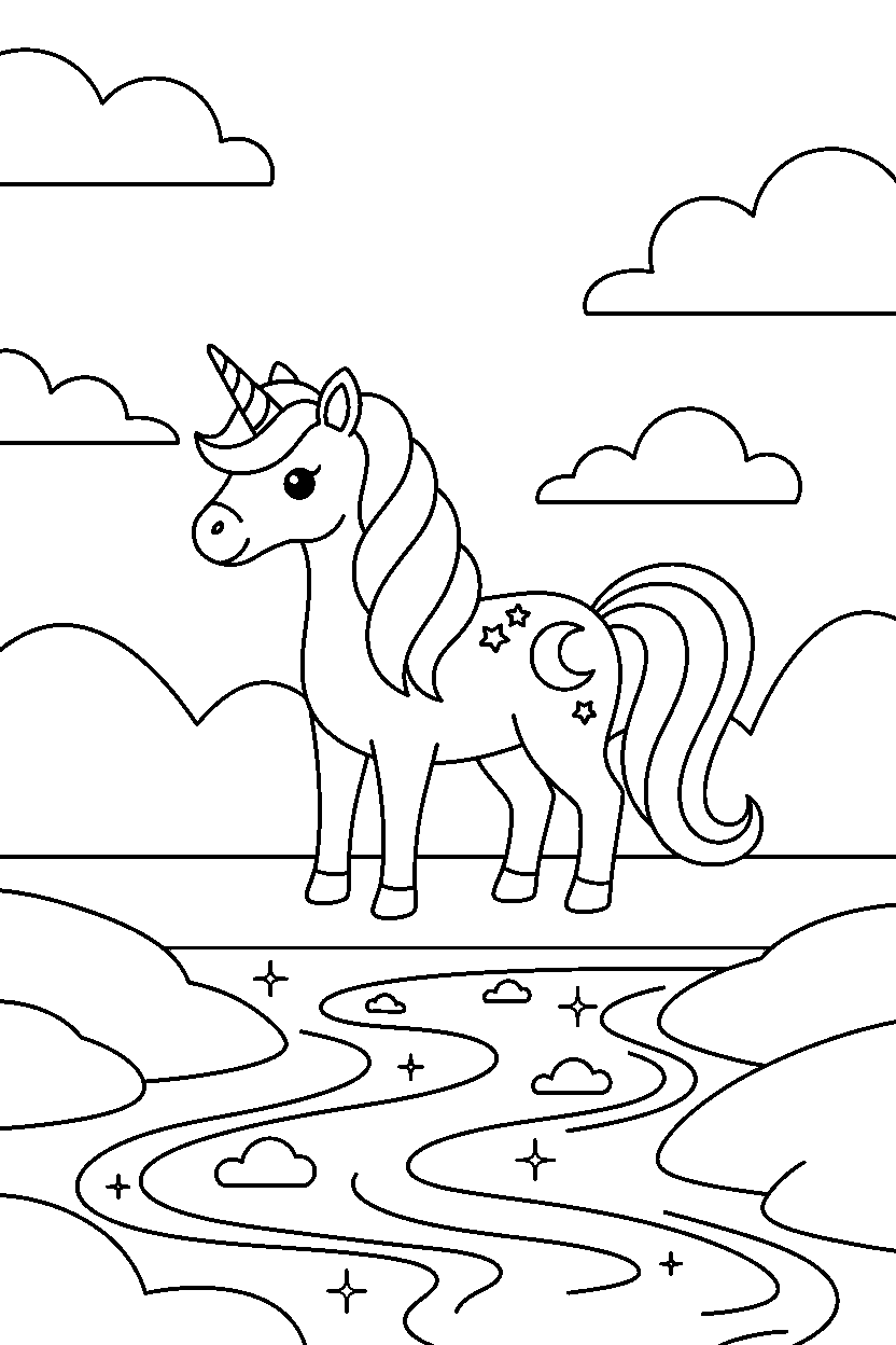 dream unicorn standing peacefully near a sparkling river line art