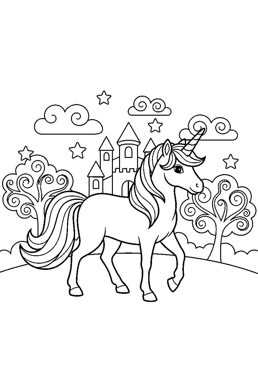 dream unicorn walking gently in a magic kingdom line art