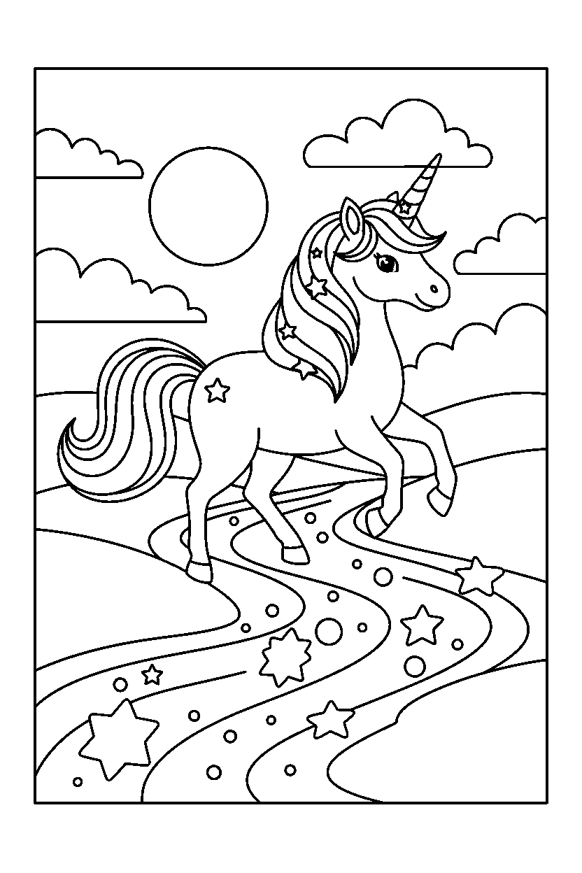 dream unicorn walking happily near a sparkling river line art