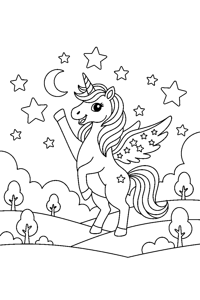 dream unicorn waving happily in a starry valley line art