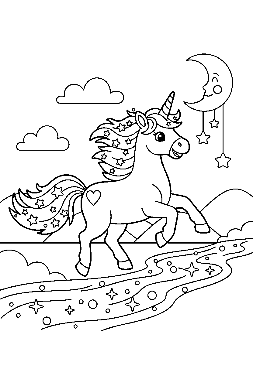 dreamland unicorn running happily near a sparkling river line art