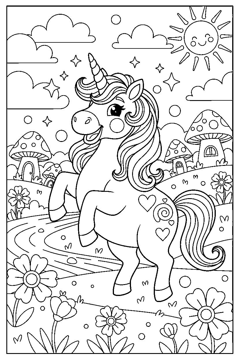 enchanted unicorn celebrating happily in a fairy valley line art