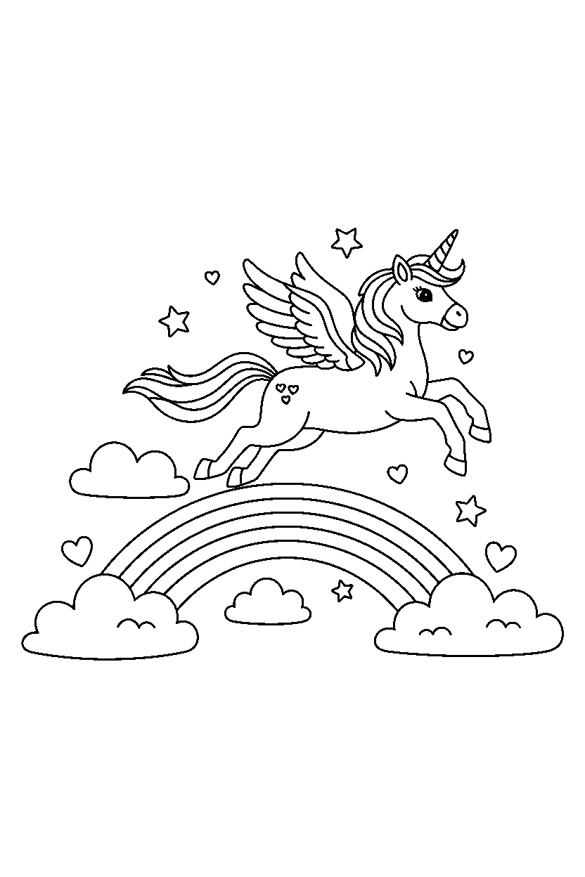 enchanted unicorn flying happily near a rainbow bridge line art