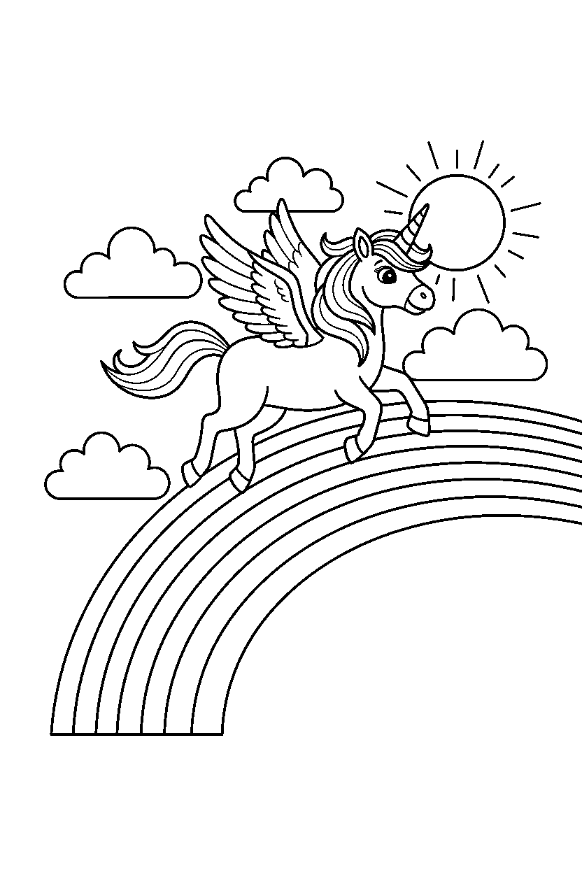 enchanted unicorn flying happily on a rainbow hill line art