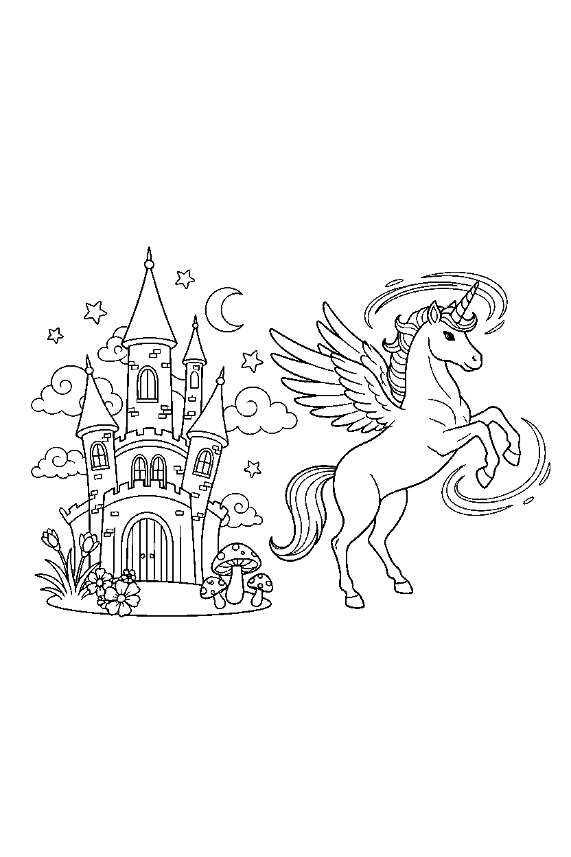 enchanted unicorn getting ready to fly near a magic castle line art