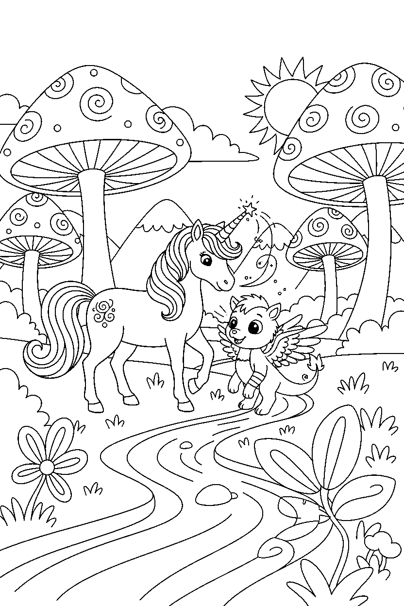 enchanted unicorn helping a friend in a magic valley line art