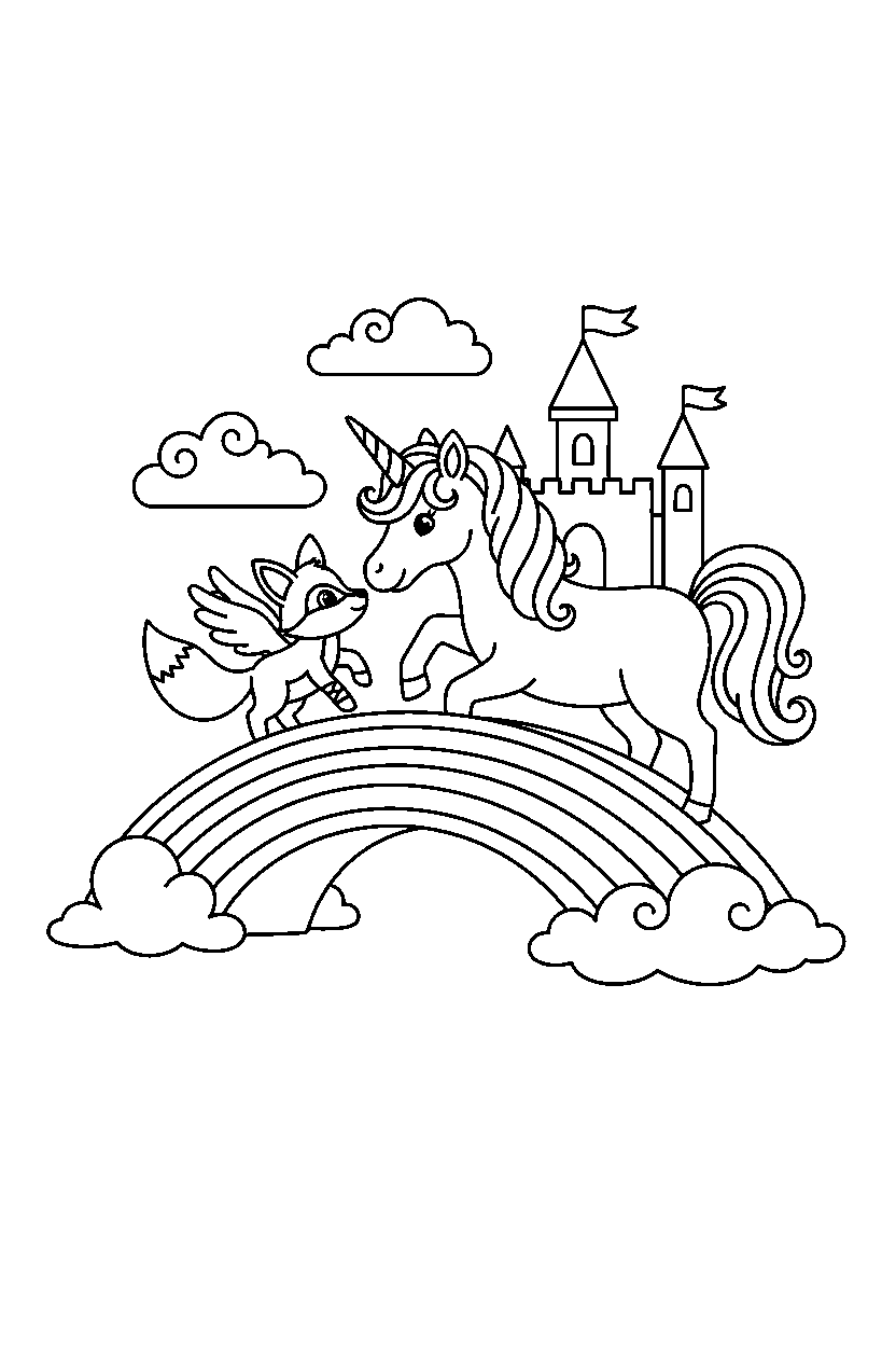 enchanted unicorn helping a friend near a rainbow bridge line art