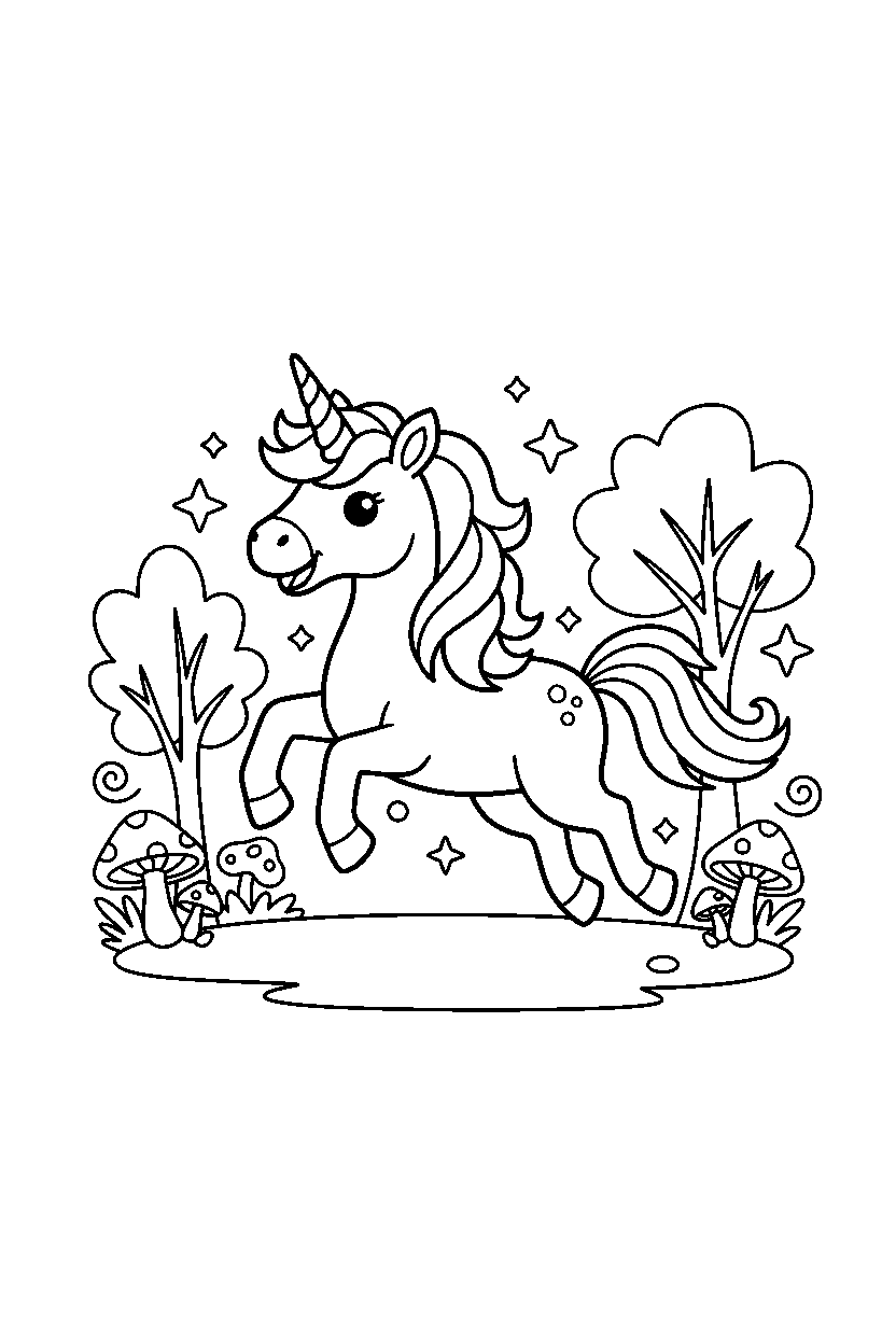 enchanted unicorn jumping happily in a magical forest line art
