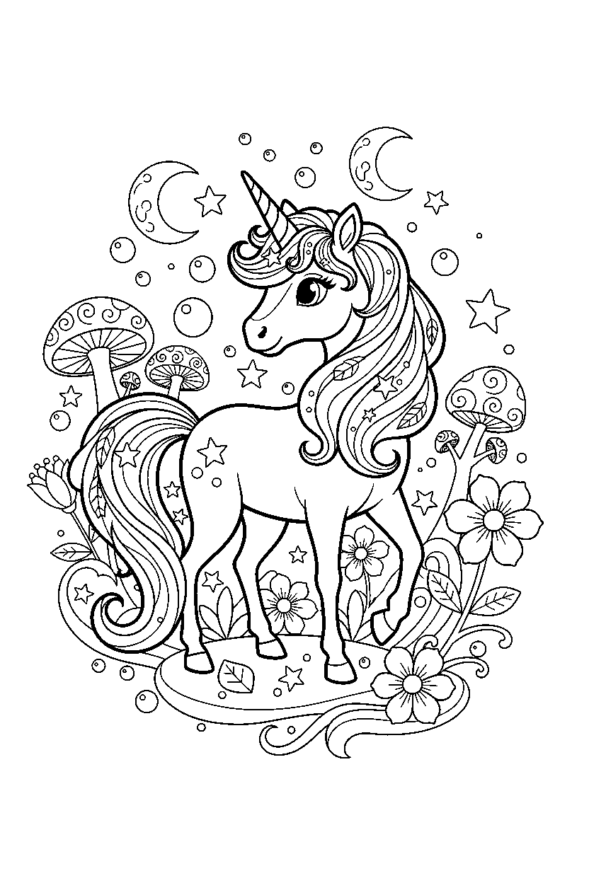 enchanted unicorn looking around in a dream world line art