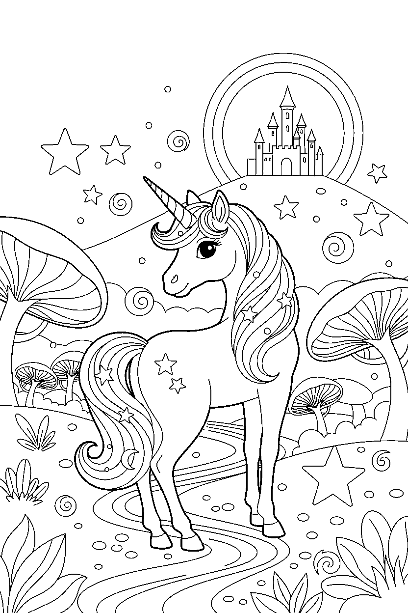 enchanted unicorn looking around in a magic valley line art