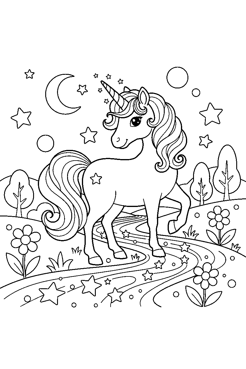 enchanted unicorn looking around near a sparkling river line art