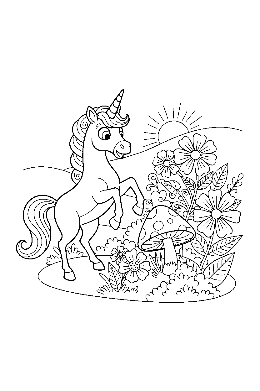 enchanted unicorn looking surprised near a flower garden line art