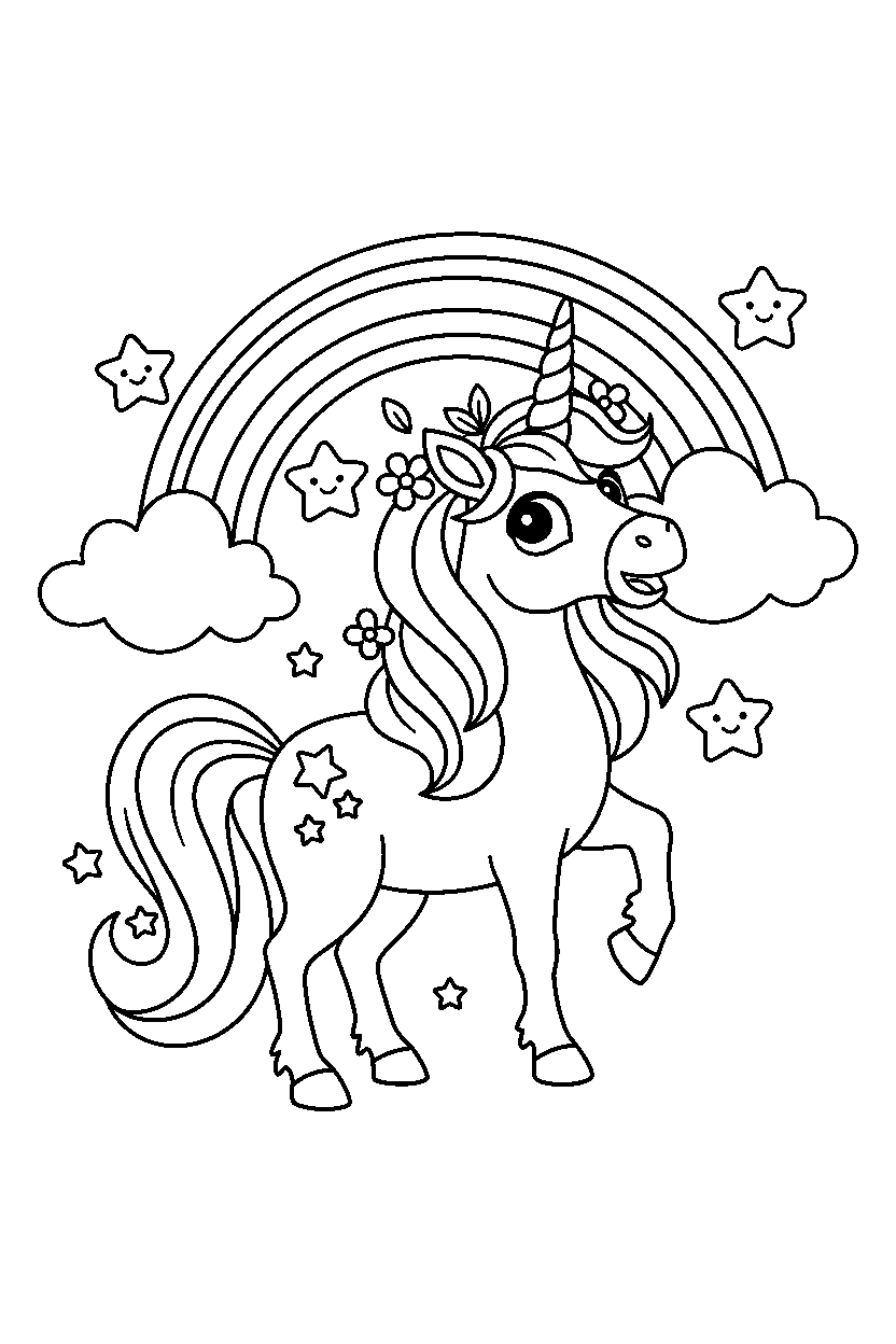 enchanted unicorn looking surprised under a rainbow sky line art