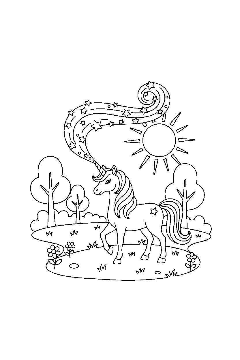 enchanted unicorn making a magic sparkle on a sunny meadow line art