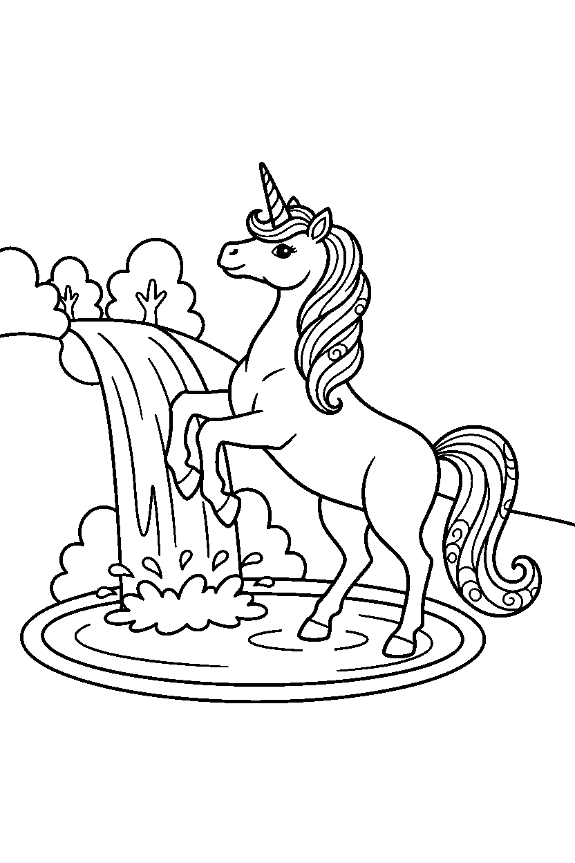 enchanted unicorn posing proudly near a waterfall line art