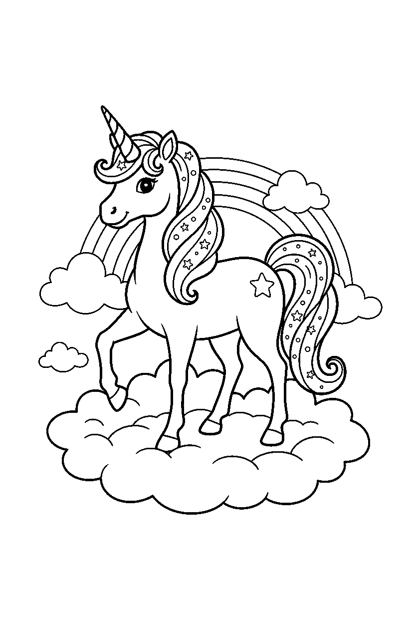 enchanted unicorn posing proudly on a cloud land line art