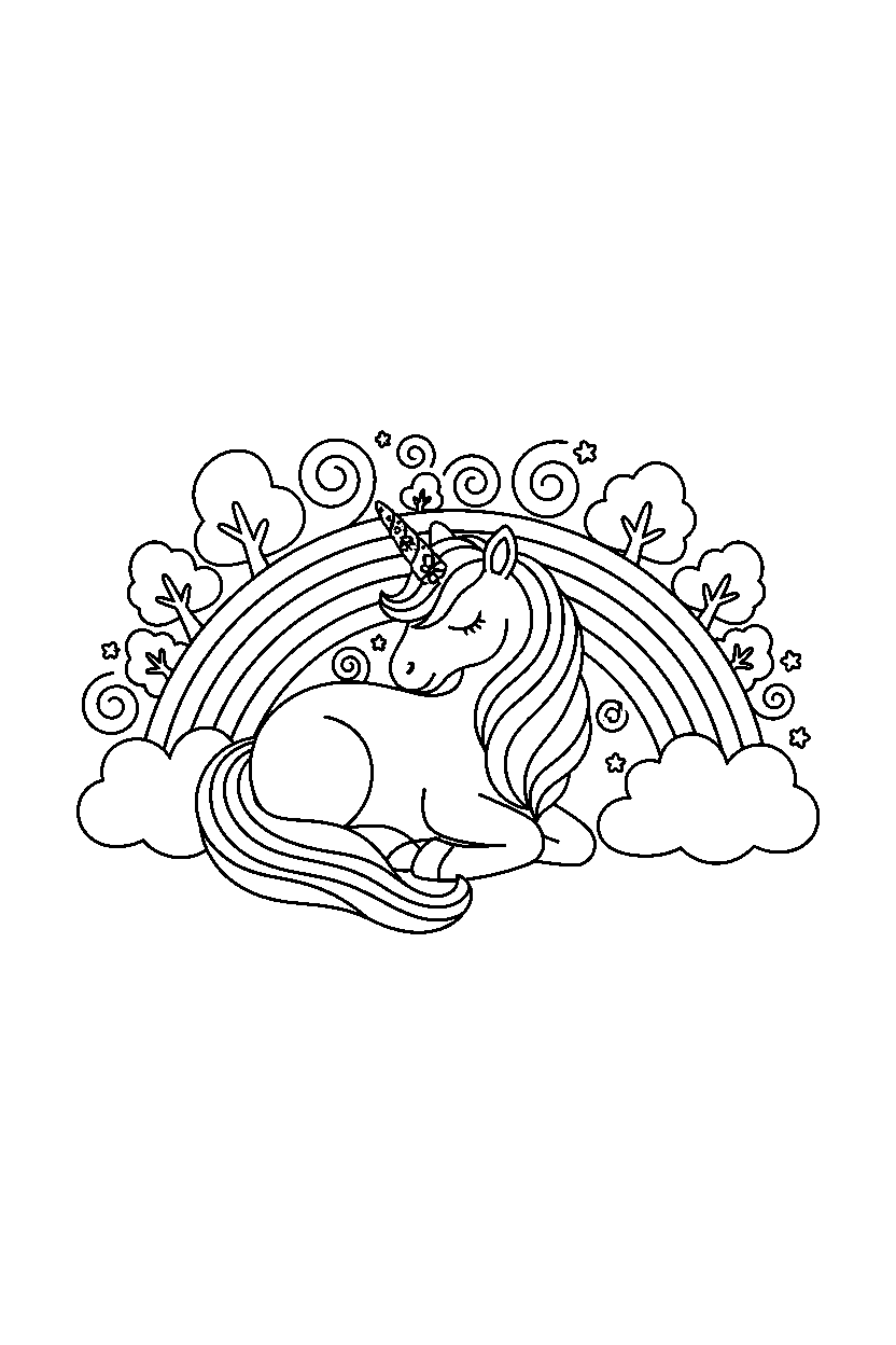 enchanted unicorn resting peacefully near a rainbow line art