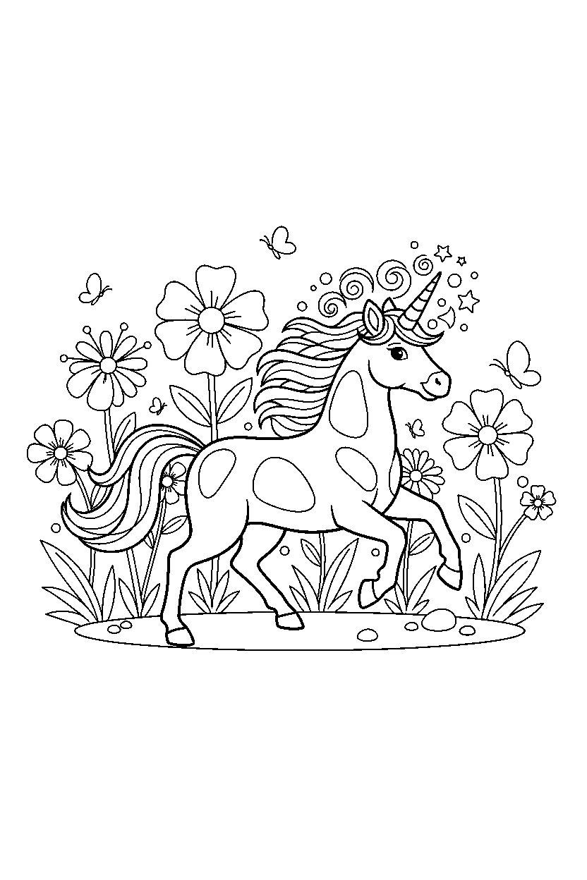 enchanted unicorn running happily in a flower field line art