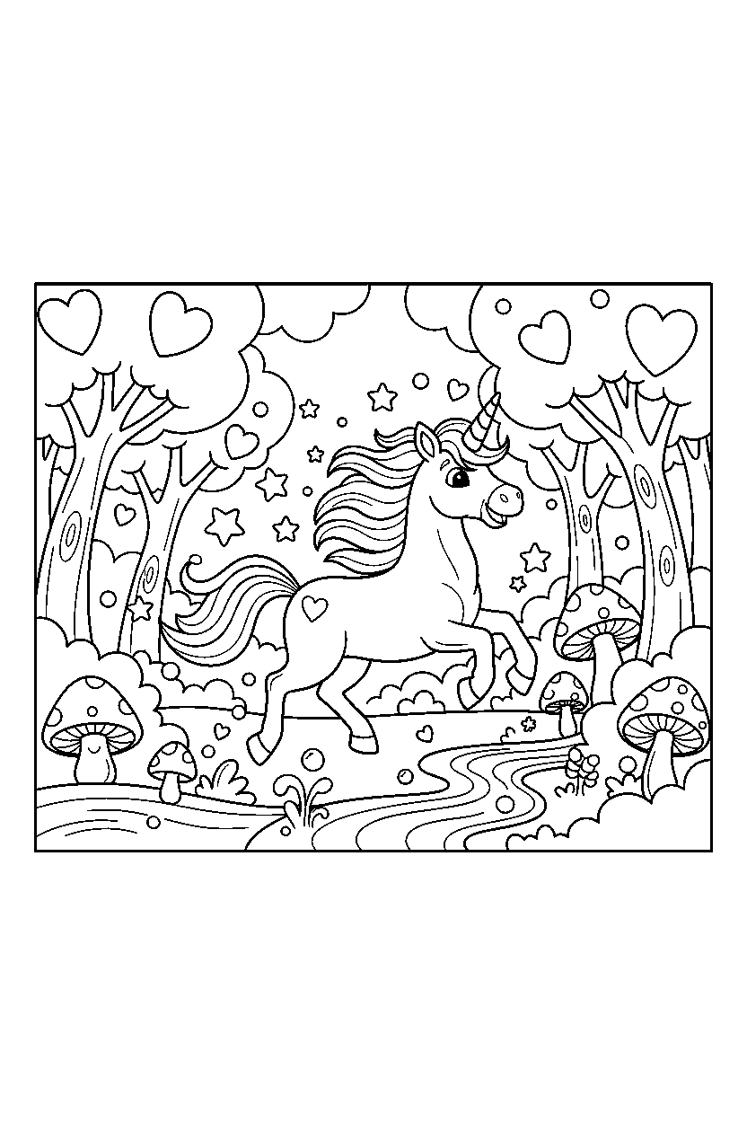 enchanted unicorn running happily in a hidden forest line art