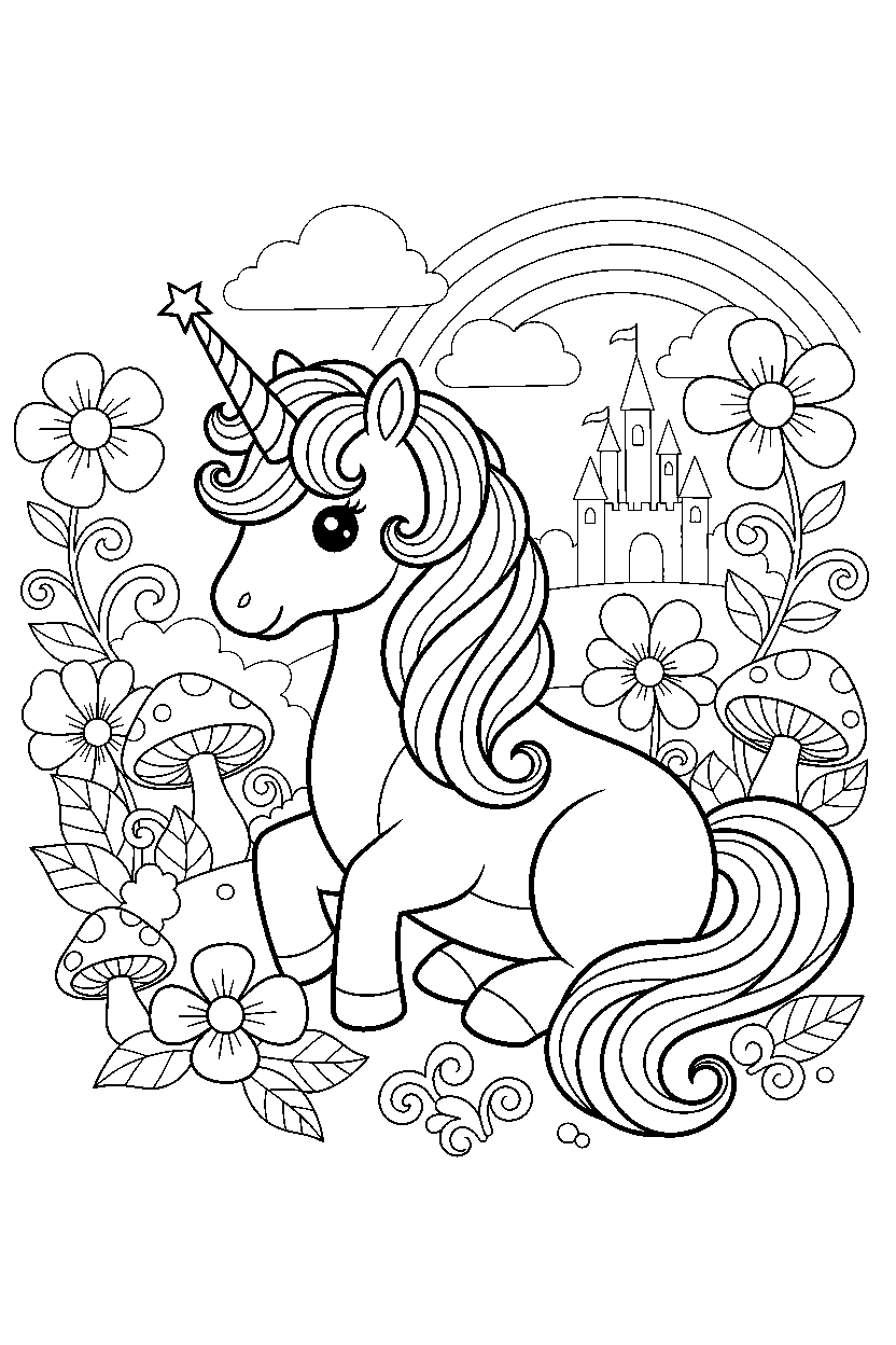 enchanted unicorn sitting peacefully in a colorful world line art