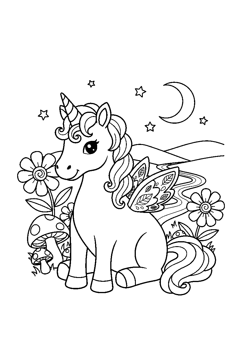 enchanted unicorn sitting peacefully in a fairy valley line art