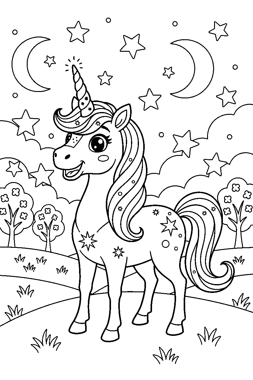 enchanted unicorn smiling happily in a starry valley line art