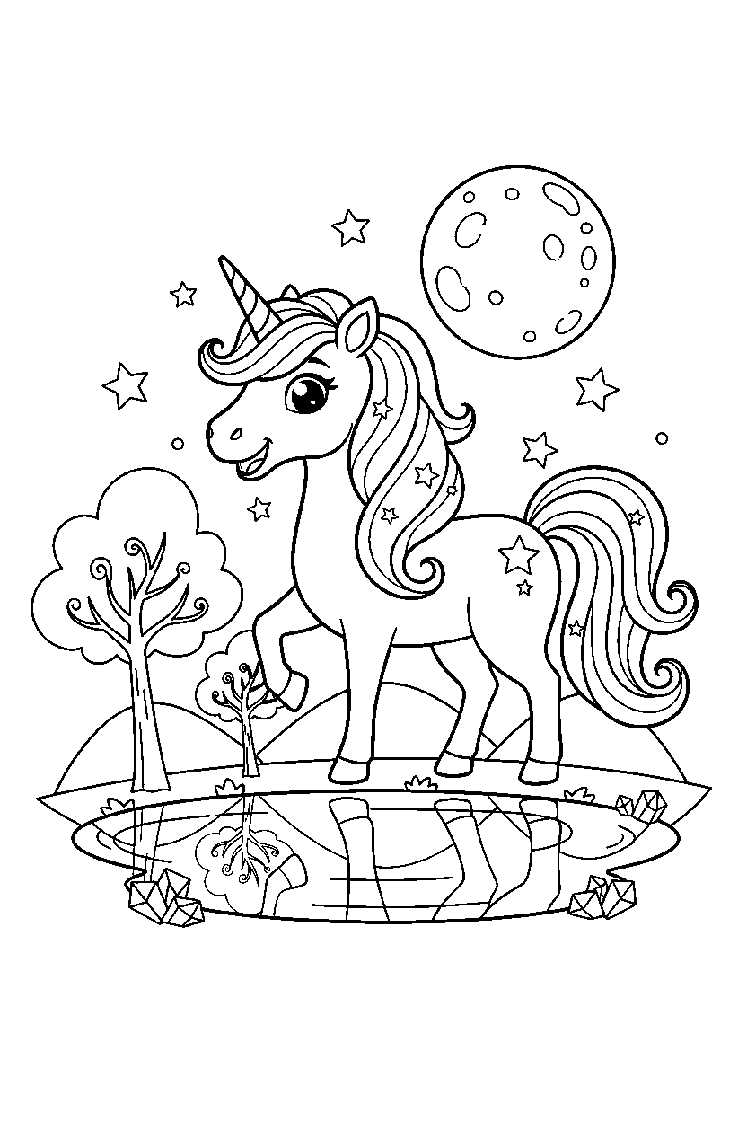 enchanted unicorn smiling happily near a crystal lake line art