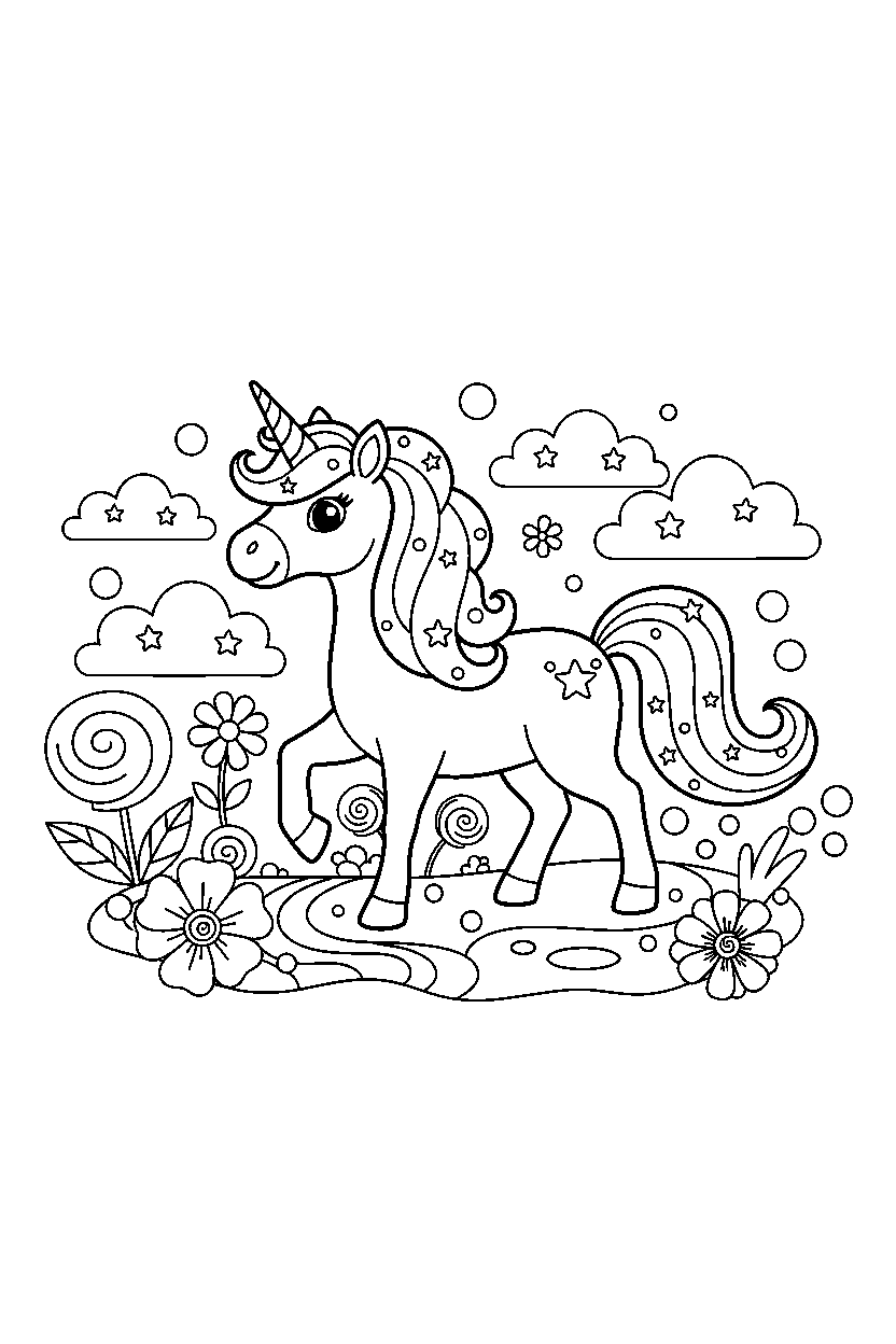 enchanted unicorn walking happily in a dream world line art