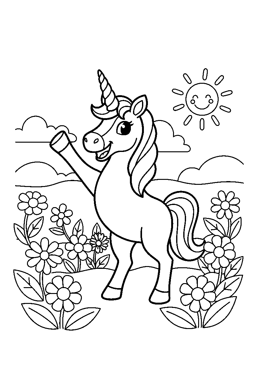 enchanted unicorn waving happily in a flower field line art