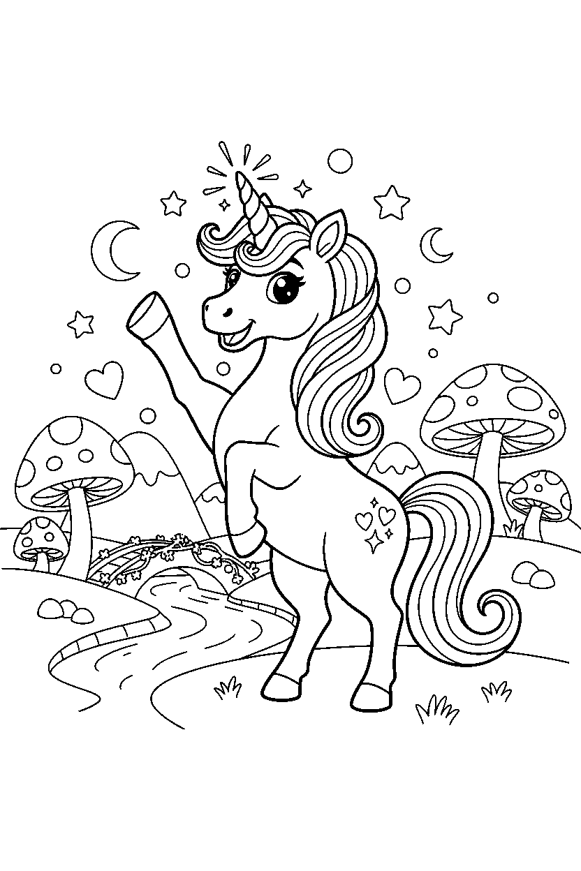 enchanted unicorn waving happily in a magic valley line art