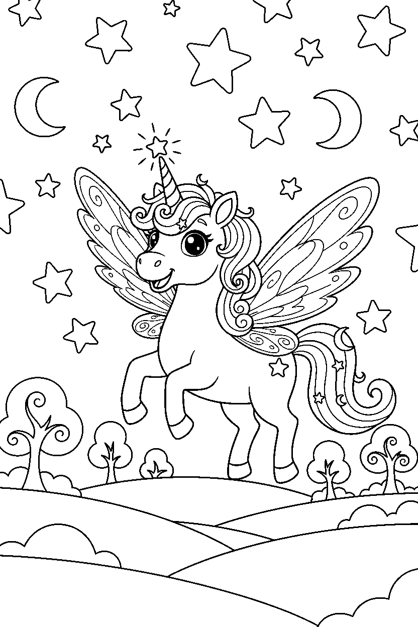 fairy unicorn looking excited in a starry valley line art